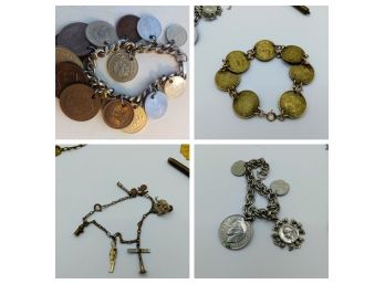 Four Costume Bracelets With Coins And Charms