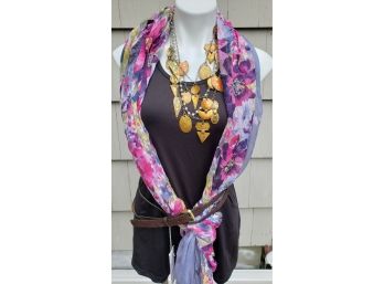 3 In 1 Lot , A Worth Brown Double Wrap Belt Size S, Modern Gold Necklace And Floral Scarf