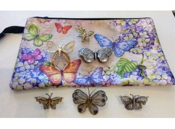 Six Vintage Butterfly Pins With Butterfly Nylon Makeup Bag