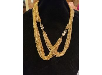 Victorian Style Vintage Necklace - 46' Long Multiple Gold Strands With Double Crystal Cabachons - Impressive!