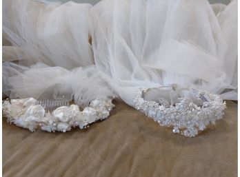 Two Bridal Head Pieces With Veils One Is Very Small - Maybe For A Flower Girl?