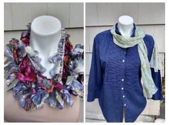 J. Crew, Size 10 Ladies Navy Shirt Paired With A Segalini Silk Scarf And Fringe Scarf