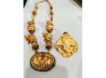 Ivory/ Bone Elephant Necklace And Ganesh Elephant Pin/Pendant