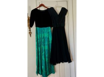 Two Evening Dress, Jade Green Floral & Black And Plain Black
