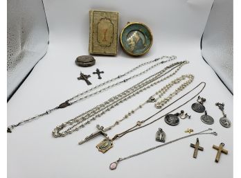Group Of Religious Artifacts, Children's Prayer Book, Rosaries, Crosses And More...