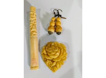 Ivory Beaded Earrings, Carved Ivory Rose Shoe Clip And Ivory ??