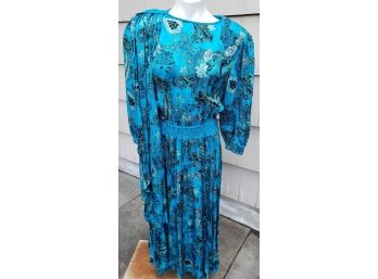 100 Silk Teal Blue Dress With Attached Scarf For Different Looks