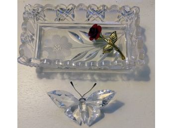 Beautiful Crystal Butterfly Figurine, Rose Pin And Mini Crystal Plate