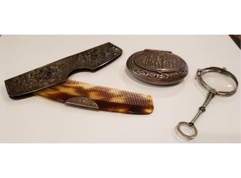 Silver Plate Comb, Pill Box And Magnifying Glass
