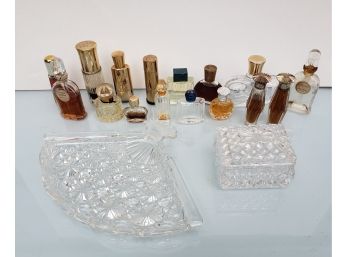 Large Group Of Vintage Perfumes Paired With Pretty Crystal Fan Plate And Trinket Box