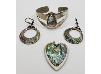 Sterling And Abalone Shell Earrings, Necklace And Pendant