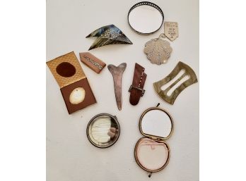 Vintage Lucite, Rhinestone Hair Pins, Buckles, Leather Pocket Mirror & Other Ladies Accessories