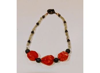 Very Pretty Intage Rose Carnelian Choker With Silver And Clear Beads And Clasp - 15'