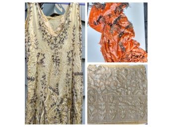 1920's Style Dress And Antique Scarves With Beading