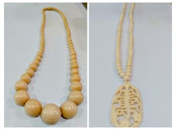 Two Ivory Necklaces, Graduated Ivory Wooden Necklace Paired With Asian Inspired Bone Or Coral Necklace