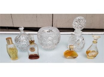 Trio Of Vintage Crystal Trinket Boxes/perfume Bottles Paired With Four Vintage Perfumes