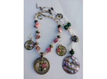Pink And Abalone Stone Necklace With Matching Earrings And Shell Necklace