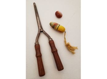 Antique Curling Iron Paired With Antique Mini Sewing Kit And Vintage Button
