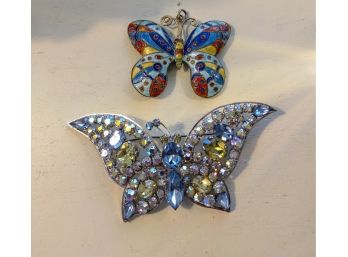 Vintage Enamel Butterfly Pendant And Rhinestone Butterfly Pin