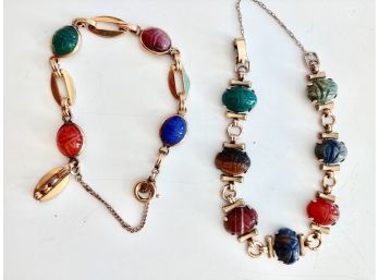 2 Bracelets With Scarab Semi-precious Stones- One Is 12kt Gold, The Other Gold Filled.