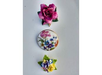 English Porcelain Pill Box And Two Floral Pins