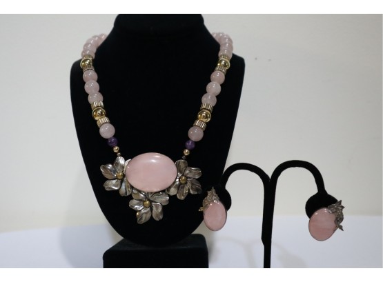 Vintage Modernist Artist Tulla Booth Sterling Silver With Rose Quartz And Amethyst Necklace And Earrings Set