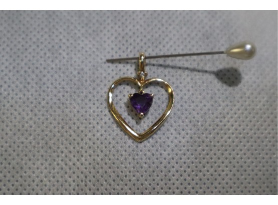 14K Yellow Gold Heart Pendant With Diamond And Purple Stone Signed 'IK'