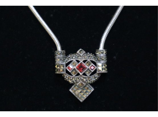 925 Sterling Silver With Marcasites And Red Stones Necklace