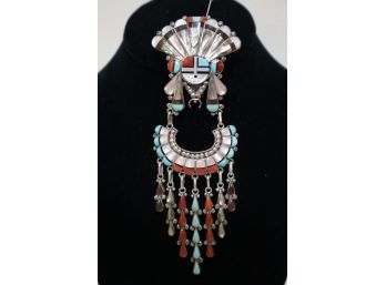 Sterling Silver Native American Turquoise, Mother Of Pearl, Abalone, And Coral Pin And Pendant