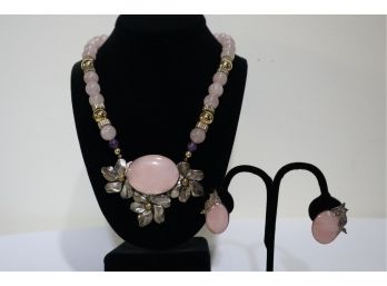 Vintage Modernist Artist Tulla Booth Sterling Silver With Rose Quartz And Amethyst Necklace And Earrings Set