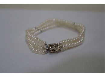 Sterling Silver Clasp With Tiny Diamond Chip Pearl Bracelet
