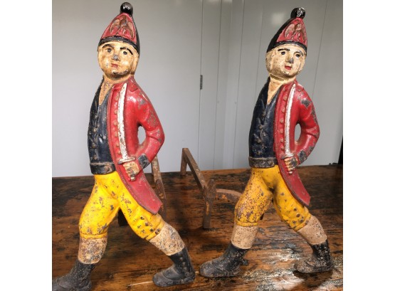 Spectacular Antique Cast Iron Hessian Soldier Andirons - Fabulous Original Paint - Just Amazing Overall !