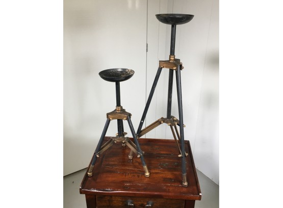 Two Unusual Vintage Style All Metal / Industrial Style Tripod Pillar Candle Holders / Stands - Larger Is 24'