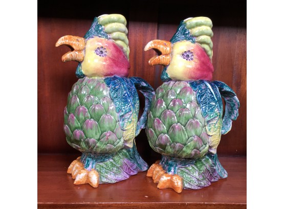 Fantastic Pair Of  Vintage Majolica Parrot Pitchers - Made In Italy - Great Colors By T G GREEN - Cute !