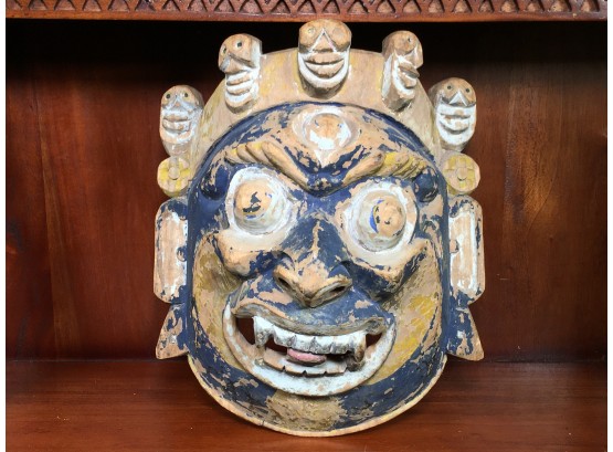 Very Interesting Vintage All Hand Carved Mask - Nice Original Paint - Minor Splits Wear Chips & Other Flaws