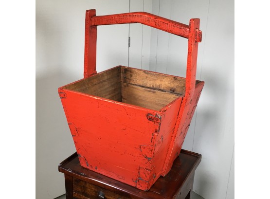 Fabulous VERY LARGE Vintage Chinese Rice Bucket - All Wood With Old Metal Tab Repairs - Great Paint 101 USESD