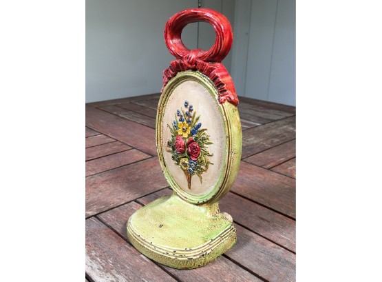 Amazing Vintage Cast Iron Flower Basket Door Stop - Great Paint - Unusual Size - Nice Colors - Very Pretty !