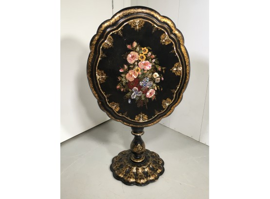Stunning Antique French Papier Mache Tilt Top Table With All Handpainted Top And MOP Inlays - Paid $1,800