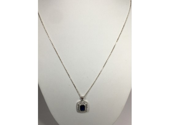 Wonderful 925 / Sterling Silver Necklace With Sapphire & White Zircon Pendant - 18' Rope Chain Made In Italy