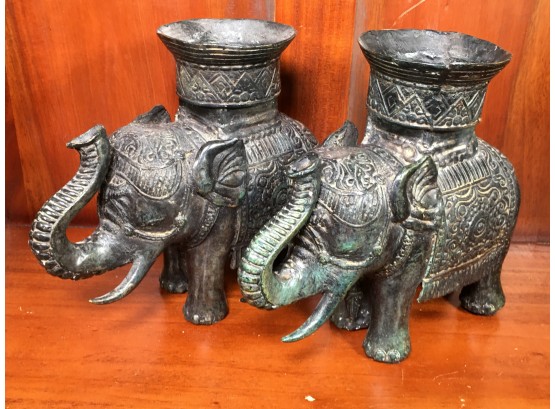 Very Nice Pair Of Vintage Bronze Elephant Candle Holders - Nicely Detailed - Great Aged Patina - From India