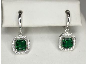 Fabulous Elegant / Classic Design 925 / Sterling Silver Earrings With Emeralds Encircled With White Zircons