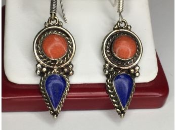 Lovely 925 / Sterling Silver Earrings HAND MADE IN BALI With Lapis Lazuli & Coral - Very Pretty Earrings