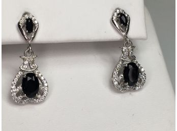 Lovely 925 / Sterling Silver Drop Earrings With Onyx & White Zircon - Very Pretty Earrings - Brand New !