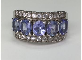 Lovely Vintage 925 / Sterling Silver And Amethyst Ring With Channel Set White Zircons - Very Nice Piece !