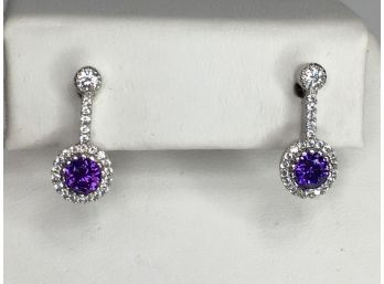 Wonderful Sterling Silver / 925 Drop Earrings With Intense Amethyst - Encircled And Channel Set White Zircons