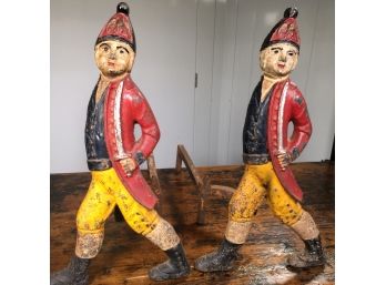 Spectacular Antique Cast Iron Hessian Soldier Andirons - Fabulous Original Paint - Just Amazing Overall !