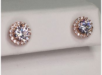 Very Pretty 925 / Sterling Silver With 14K Rose Gold Overlay With SPARKLING White Topaz Button Earrings