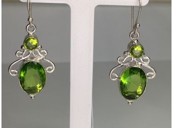 Wonderful 925 / Sterling Silver Earrings With Large Faceted Peridot - Very Pretty And Delicate Design - NEW !