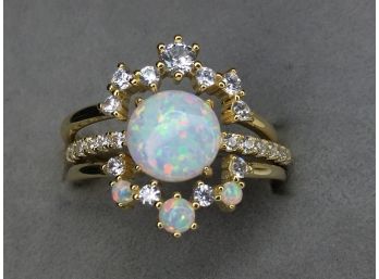 Fantastic 925 / Sterling Silver With 14K Gold Overlay With Opal & White Zircons Stacking Ring - New Unworn