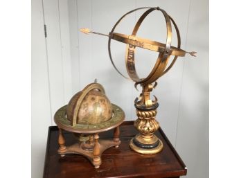 Two Nice Vintage Decorator Pieces - Globe And Gold Gilt Armillary - Both Very Nice - Great Decorator Pieces